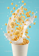 Banana cereal and milk splash in paper cup