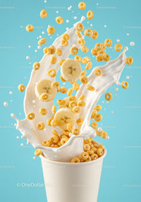 Banana cereal and milk splash in paper cup