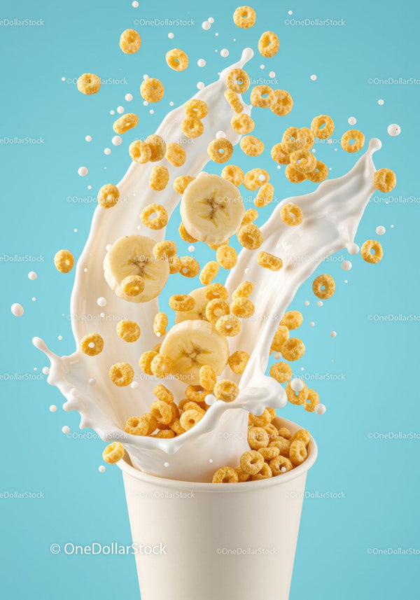 Banana cereal and milk splash in paper cup JPG Mockup Image