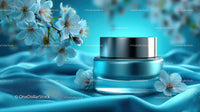 Refreshing Cosmetic Jar with Cherry Blossoms on Blue Silk