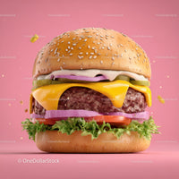 Juicy Cheeseburger with Melty Cheese and Fresh Vegetables on Pink Background