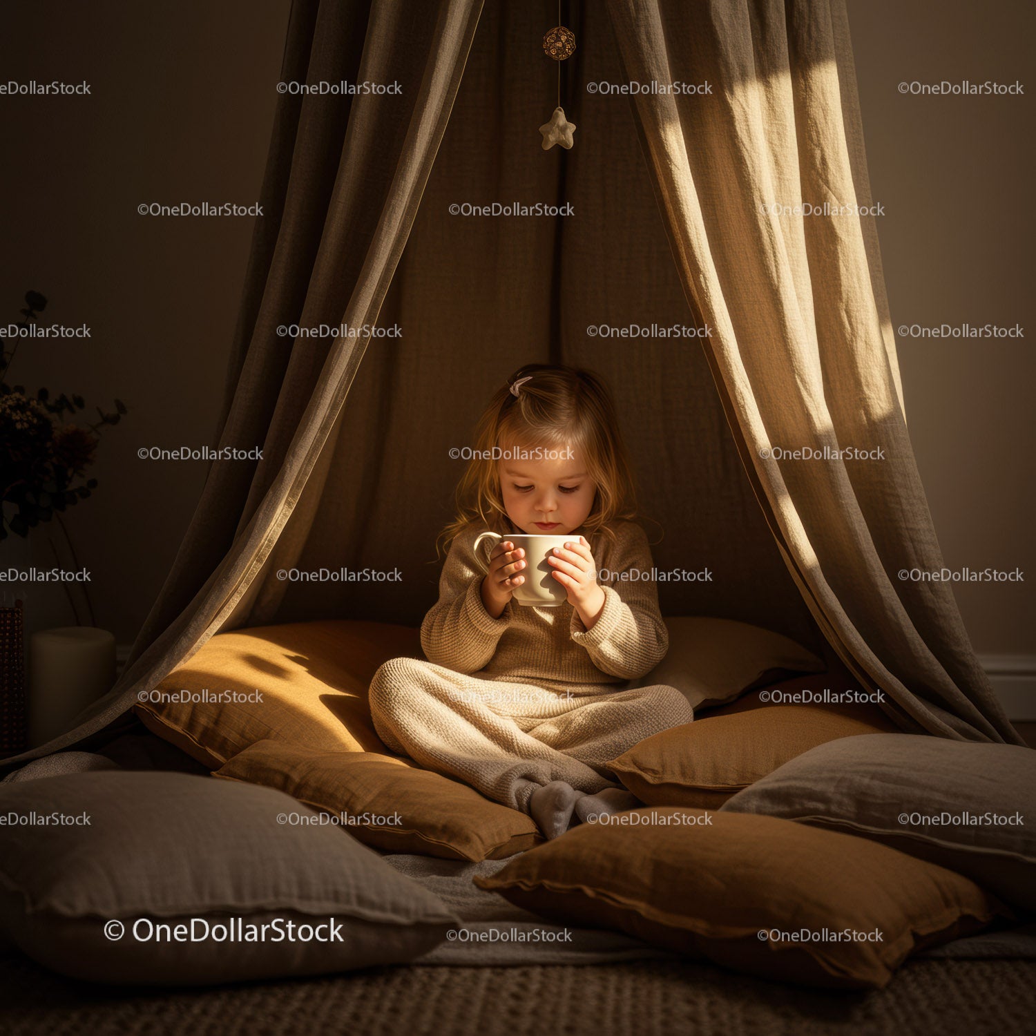 Little Girl Enjoying Warm Drink in Cozy Indoor Tent
