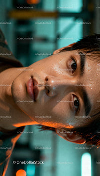 Close-up Portrait of Sweaty Young Man in Urban Night
