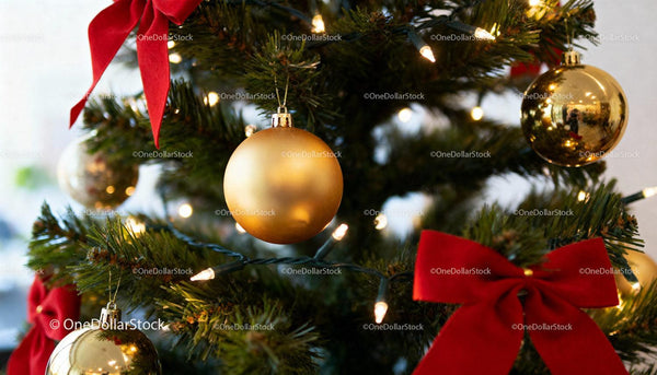 Christmas tree decorated with gold ornaments and red bows