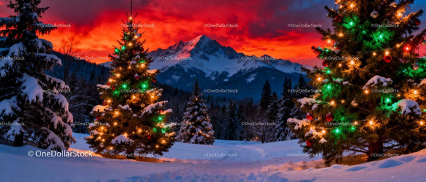 Snowy Mountain Landscape with Festive Christmas Trees