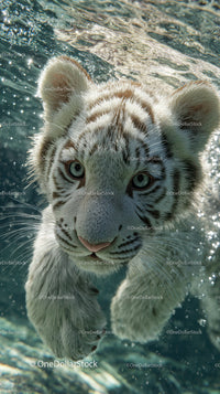 White Tiger Cub Swimming Underwater in Exciting Wildlife Scene