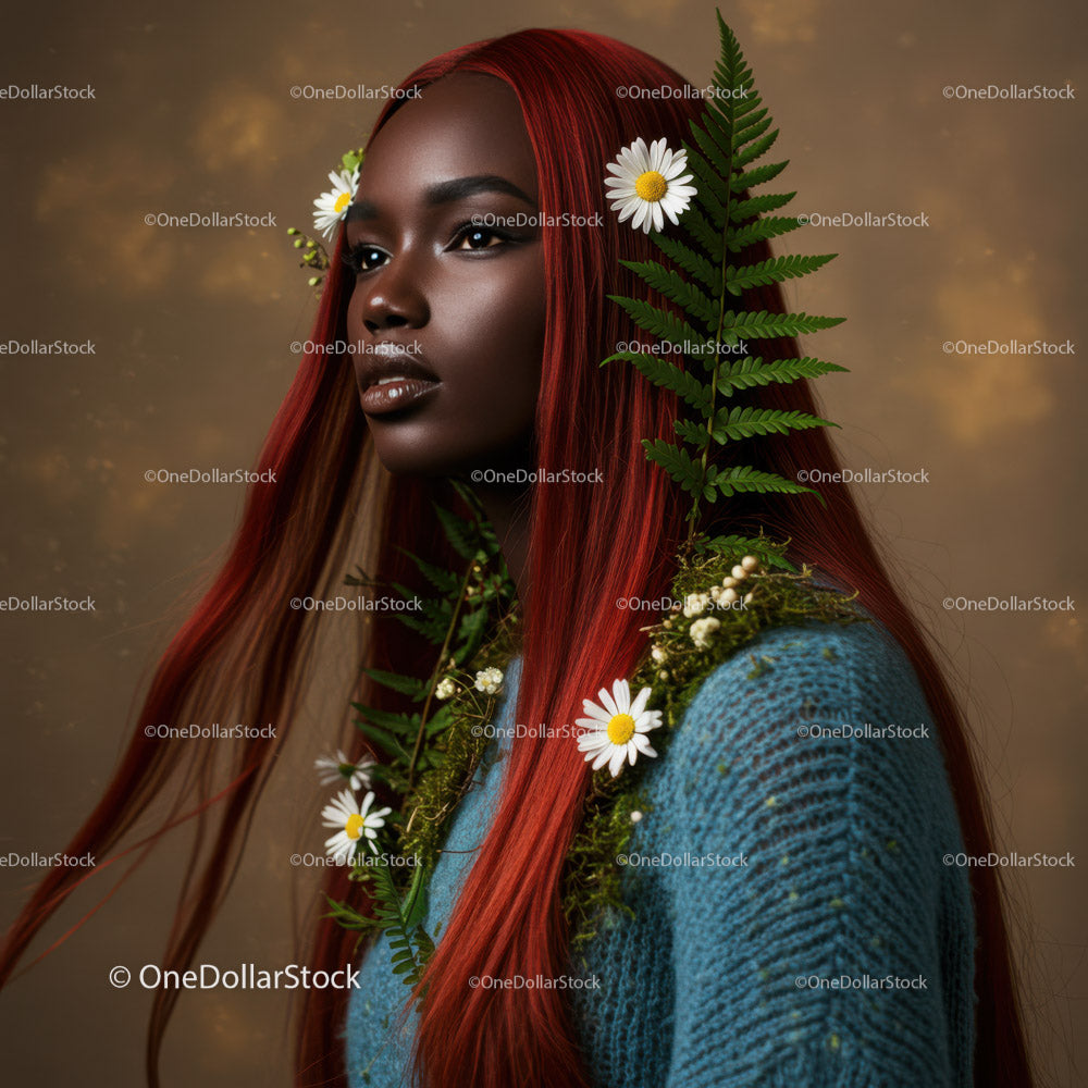 Elegant Portrait of a Woman with Red Hair and Floral Accessories