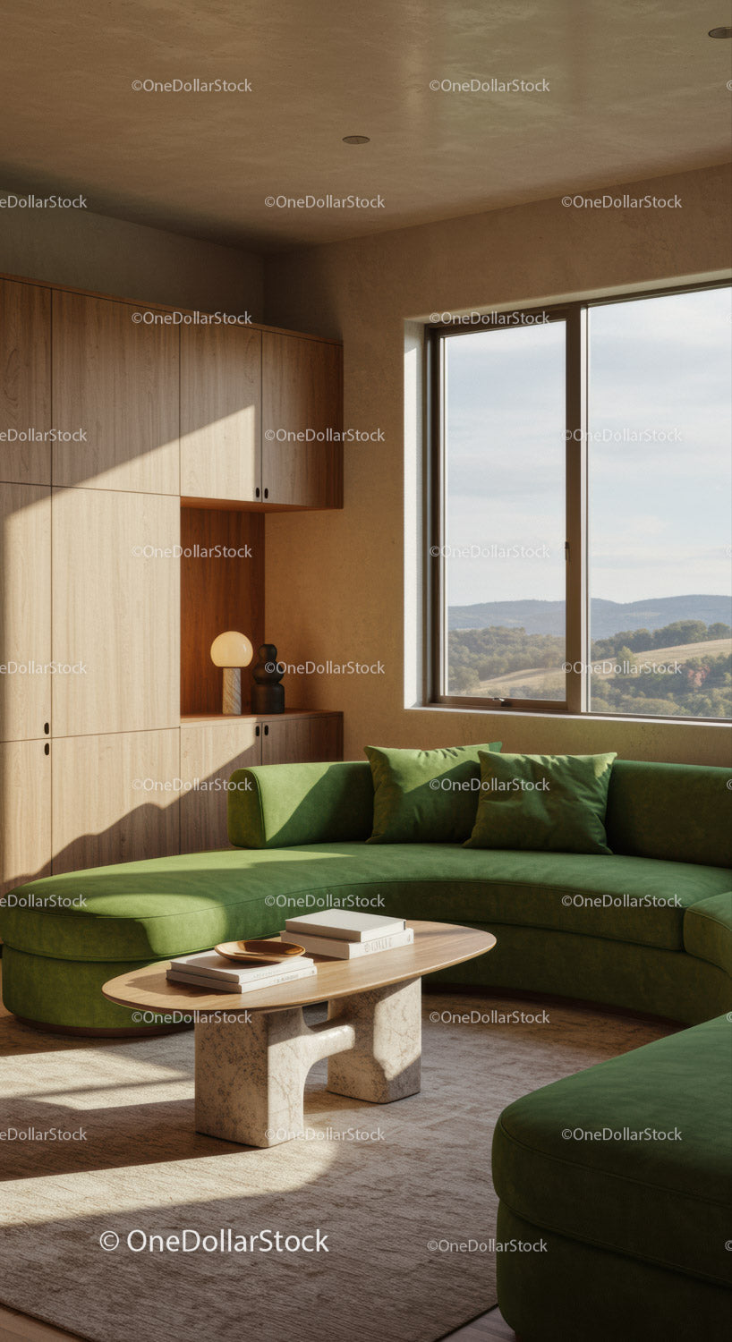 Cozy living room with green curved sofa and natural light