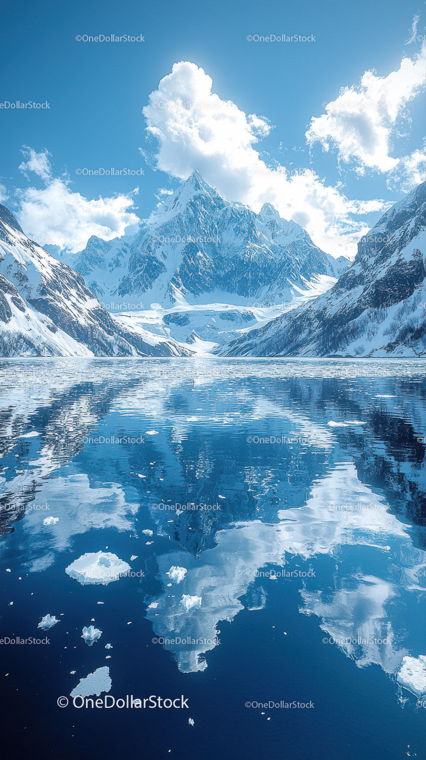 Majestic Snowy Mountain Peaks with Icy Reflection in Serene Lake