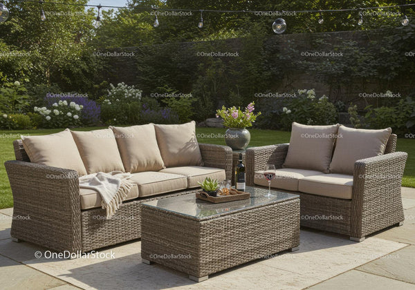 Elegant Outdoor Garden Lounge Set with Cushions and Flowers