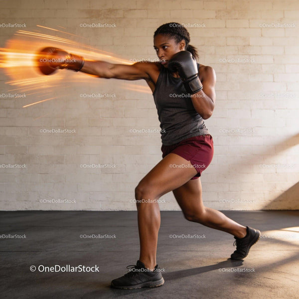 Focused female boxer throwing a powerful punch indoors