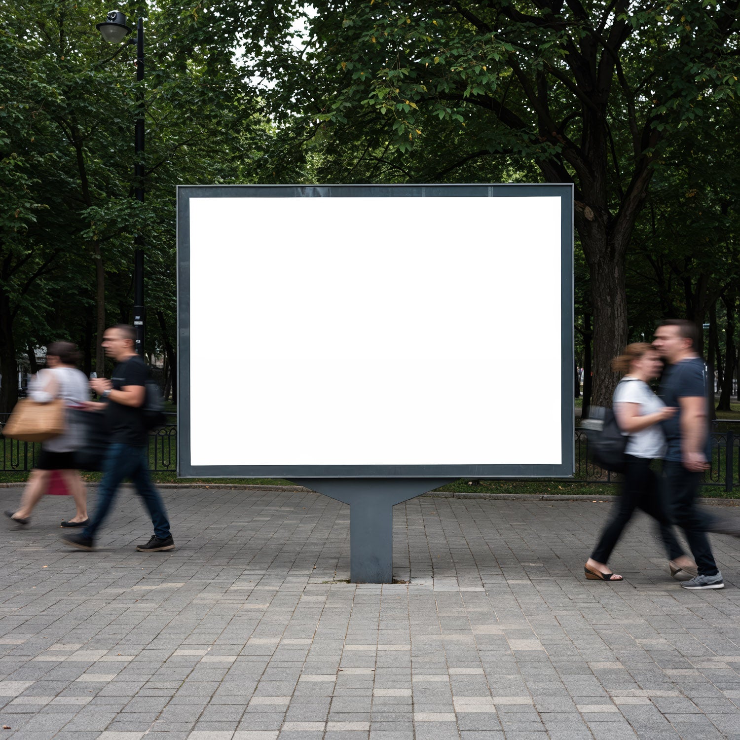 Blank Urban Billboard Surrounded by Moving Pedestrians