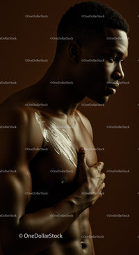 Artistic Portrait of a Young Man with Metallic Feather Body Art in Warm Studio Lighting