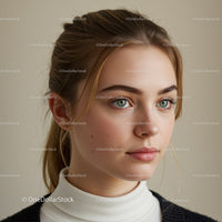 Young Woman with Blonde Hair and Blue Eyes in a Studio Portrait