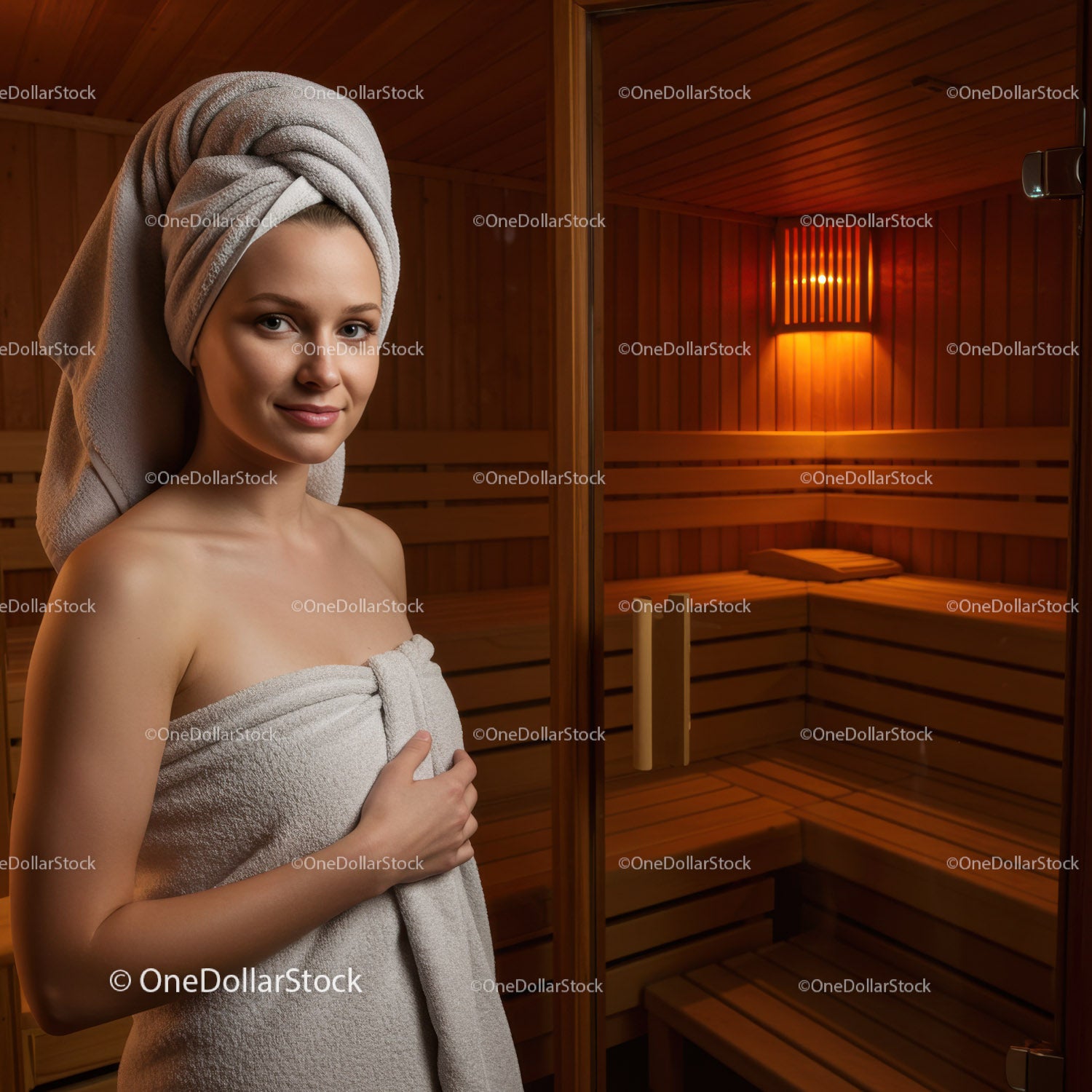 Relaxing Woman Inside Cozy Wooden Sauna Bathing and Rejuvenating