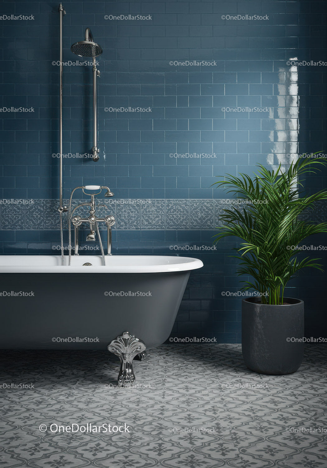 Elegant clawfoot bathtub with green plant in blue bathroom