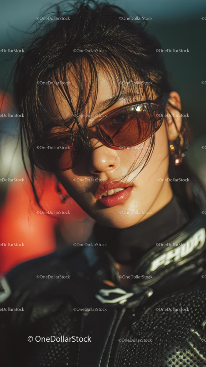 Confident Female Rider in Sunglasses with Motorcycle Gear