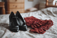 Chic Black Heels and a Red Lace Dress in a Cozy Bedroom Setting