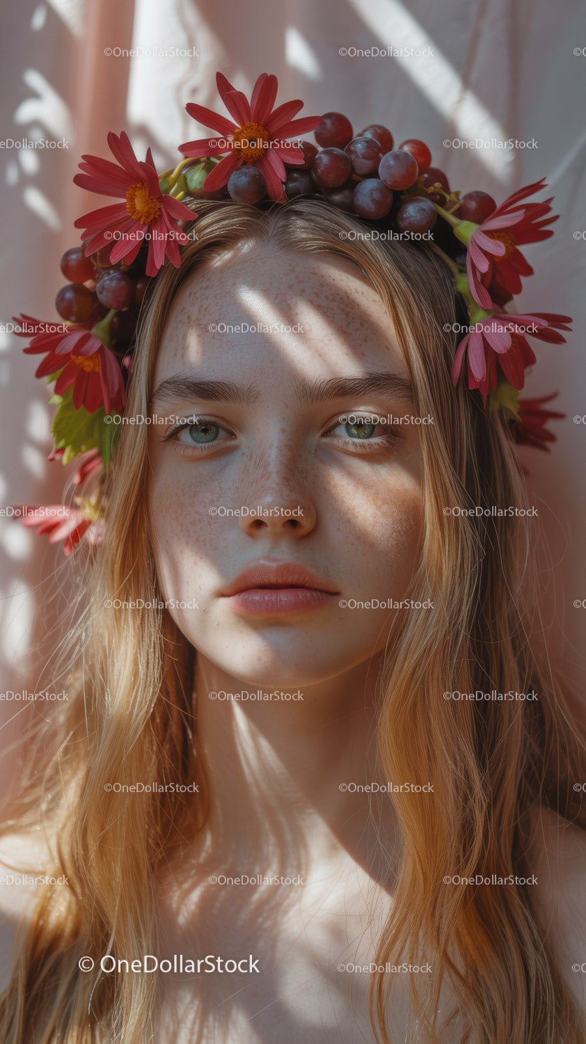 Young Woman with Red Floral Crown and Purple Grapes Outdoor Portrait