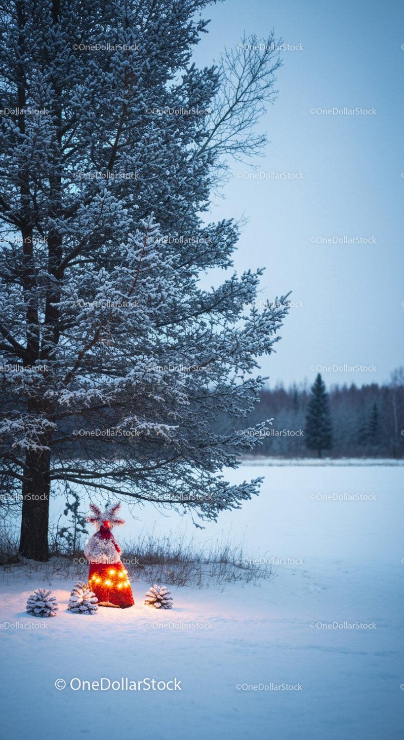 Winter pine tree with glowing Christmas decoration