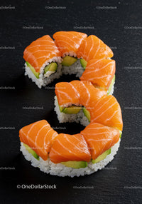 Salmon and avocado sushi roll shaped as number eight