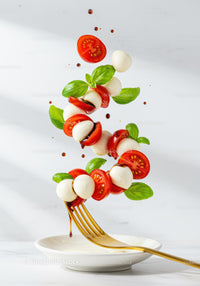 Fresh Caprese Salad Ingredients Floating with Balsamic Drizzle