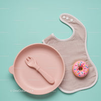 Minimalist baby dining set with bib and toy donut