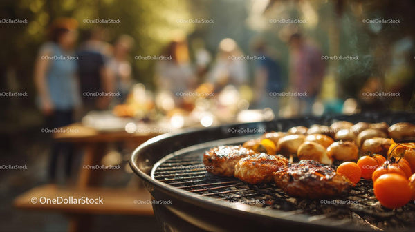 Grill na świeżym powietrzu z grillowanymi kiełbaskami i pomidorkami koktajlowymi