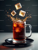Refreshing iced coffee splashing with melting cubes