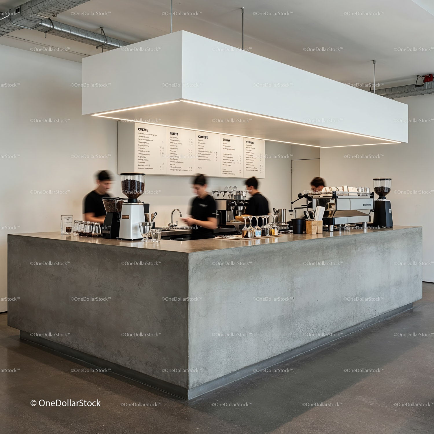 Minimalist coffee bar with busy baristas in motion