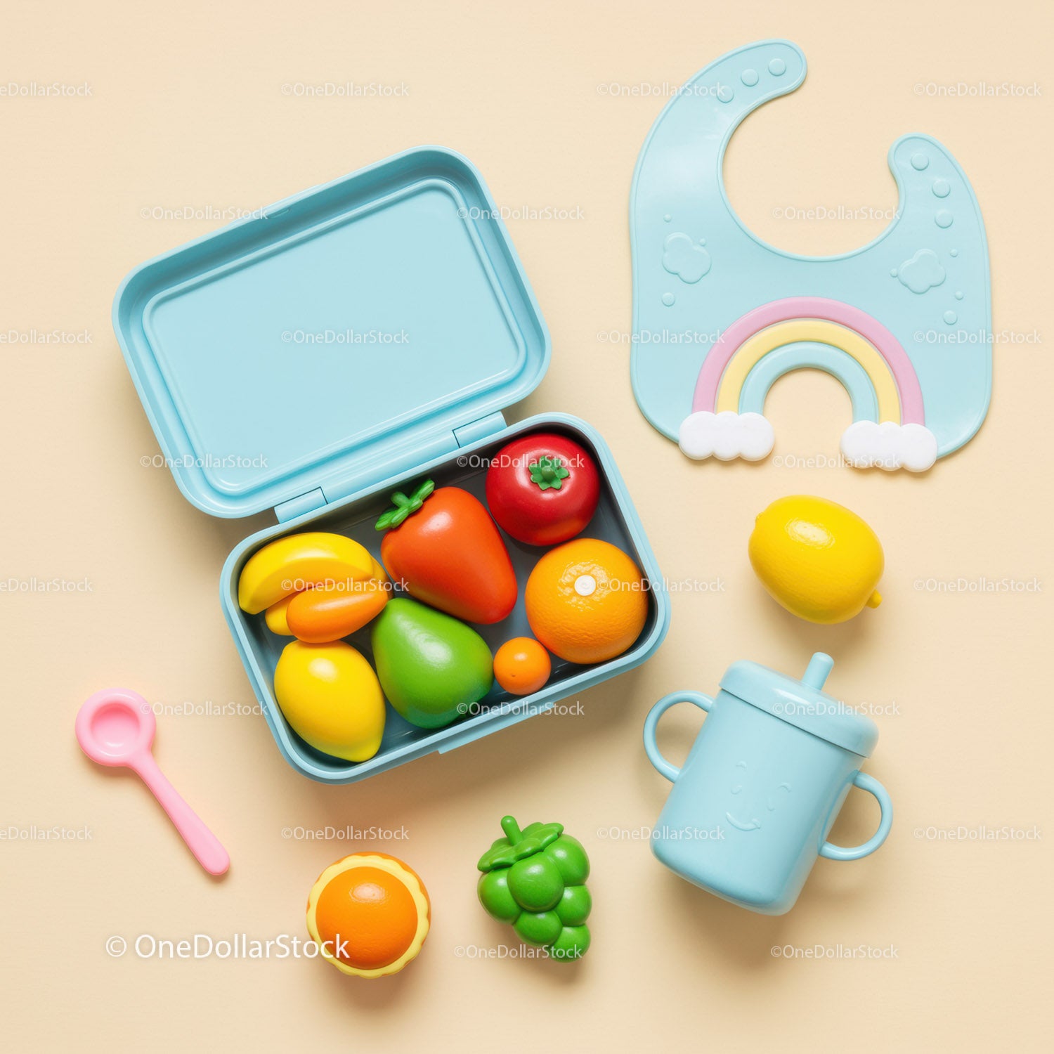 Colorful Toy Fruits with Baby Bib and Sippy Cup Set