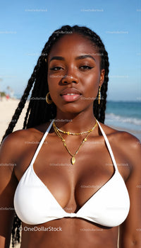 Elegant Woman with Gold Jewelry Wearing White Bikini at Beach