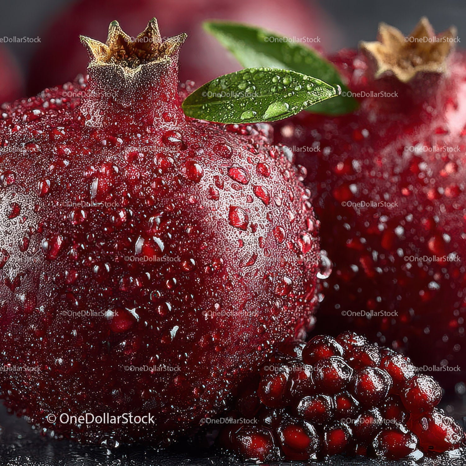 Close-up of Juicy Ripe Pomegranate with Water Droplets