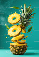 Fresh pineapple slices suspended in air on turquoise background