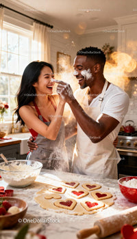 Couple Playfully Baking Heart-Shaped Cookies Together