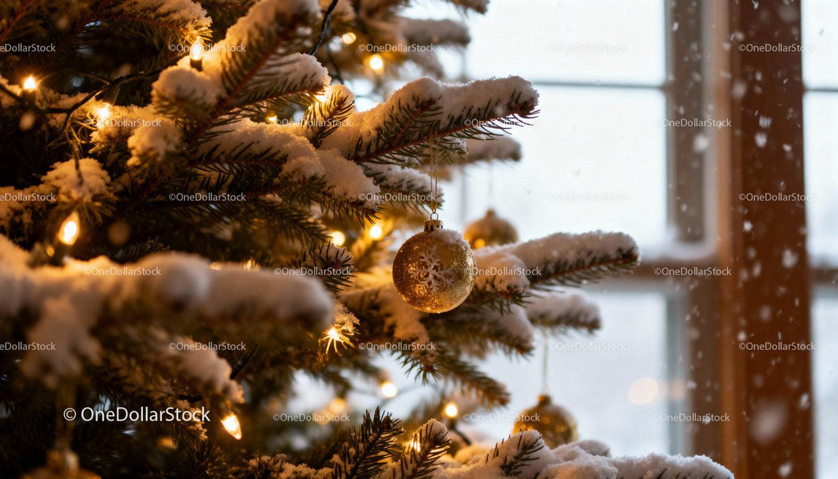 Snow-covered Christmas tree branches with glowing lights