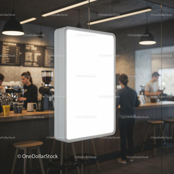 Modern illuminated signboard in cozy urban coffee shop JPG Mockup Image