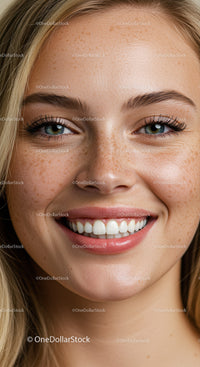 Close up of young woman smiling with freckles