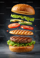 Deconstructed grilled chicken and beef burger with fresh veggies