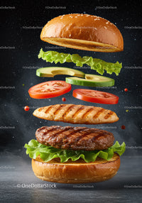 Deconstructed grilled chicken and beef burger with fresh veggies