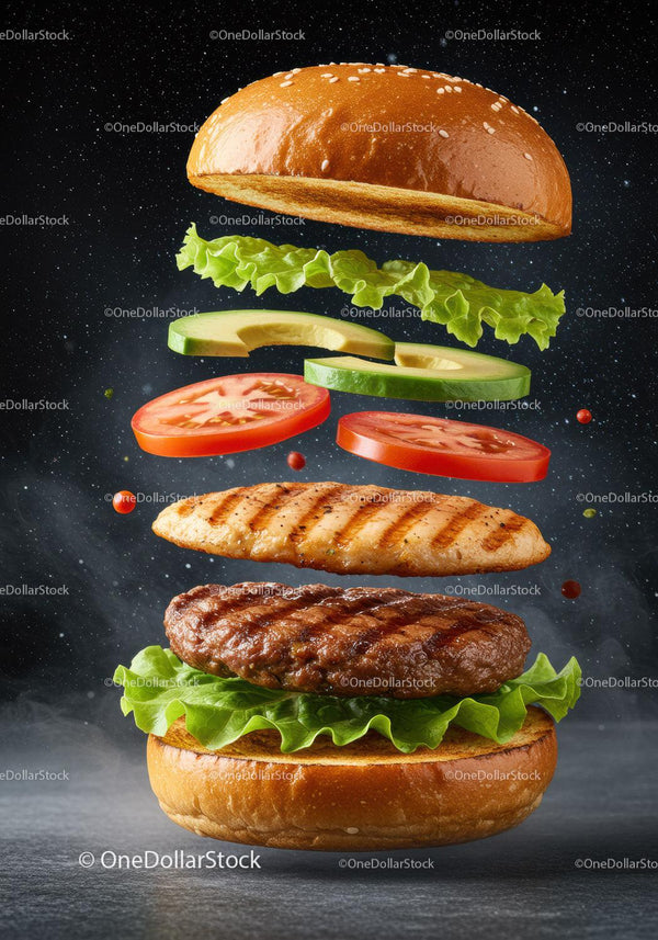 Deconstructed grilled chicken and beef burger with fresh veggies