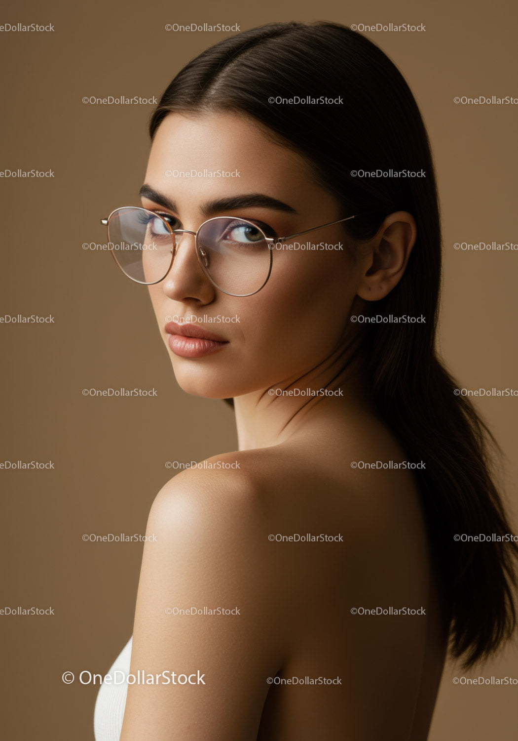 Elegant Woman with Round Glasses in Modern Minimalist Portrait