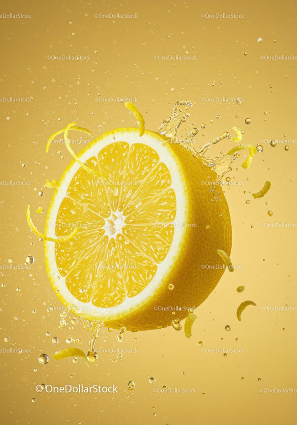 Fresh lemon slice with zest and water splash