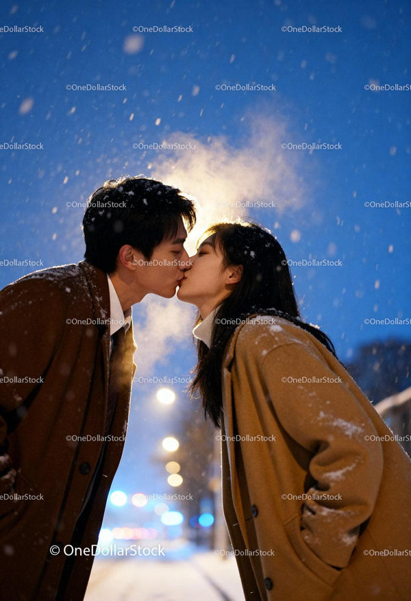 Couple Sharing a Tender Kiss on Snowy Winter Evening