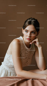 Elegant Young Woman in Lace Dress with Blue Eyes Studio Portrait
