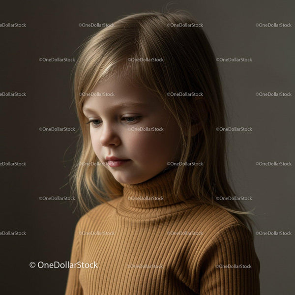 Portret zamyślonej małej dziewczynki w brązowym golfie