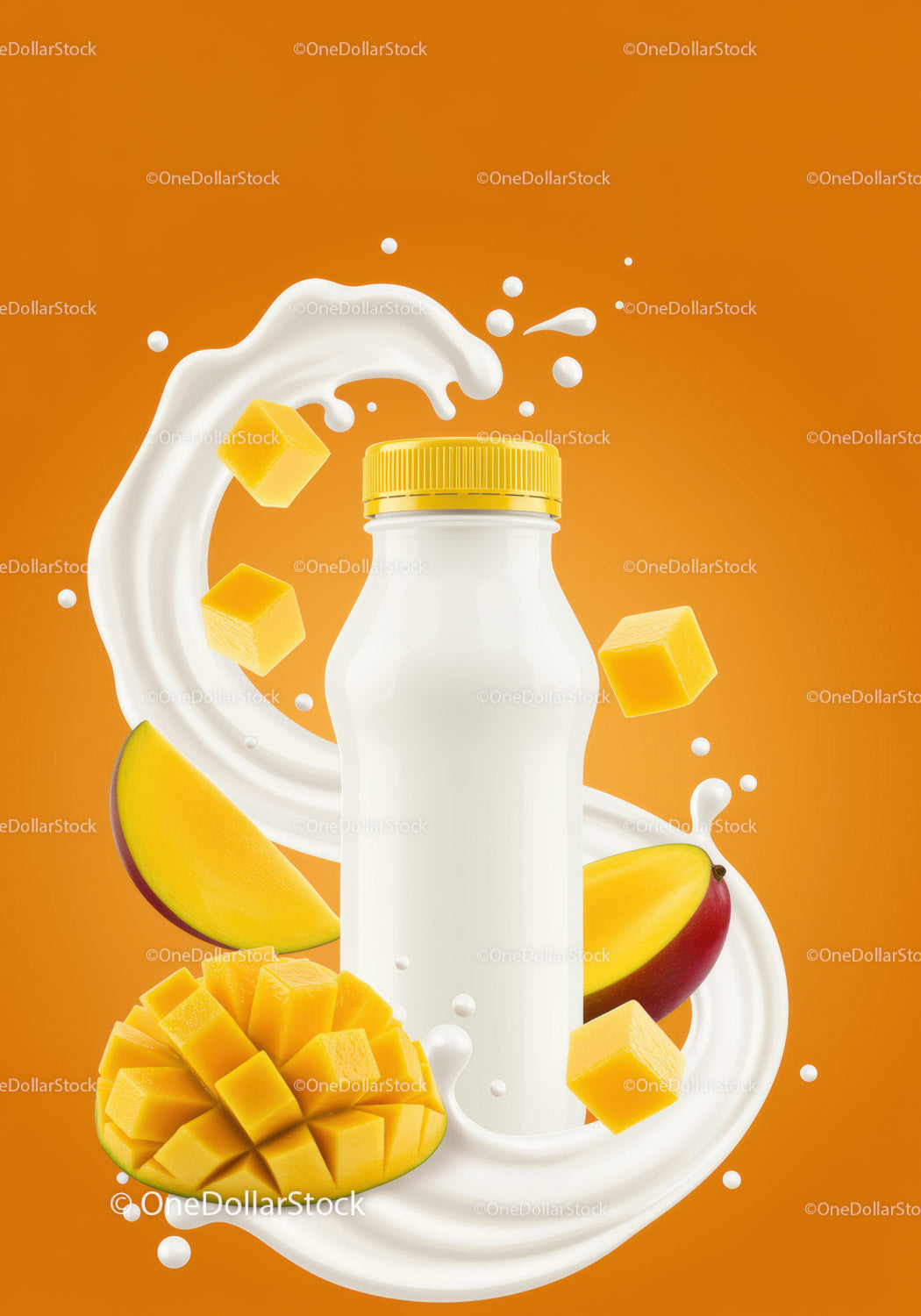 Fresh mango juice splash with cubed fruit and bottle