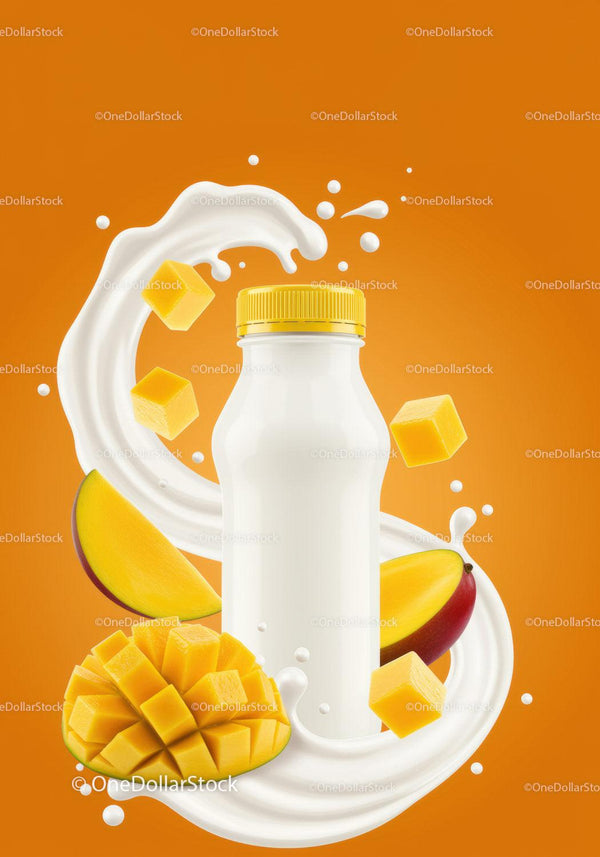 Fresh mango juice splash with cubed fruit and bottle JPG Mockup Image