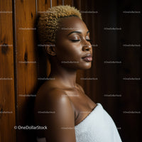 Serene Woman with Short Blonde Curly Hair Relaxing Against Wooden Wall