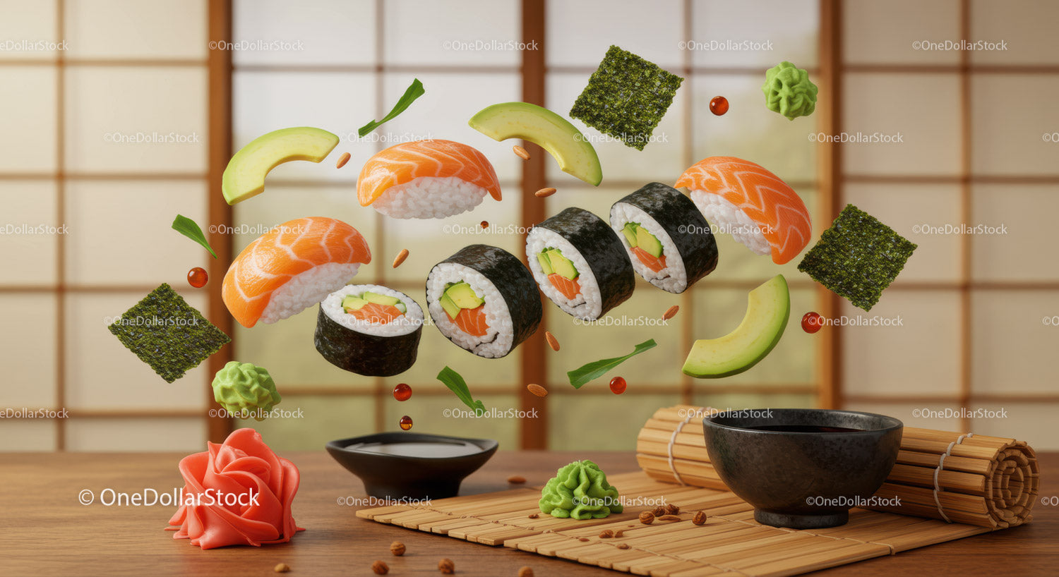Pływające rolki sushi z łososiem, świeżym awokado i wodorostami